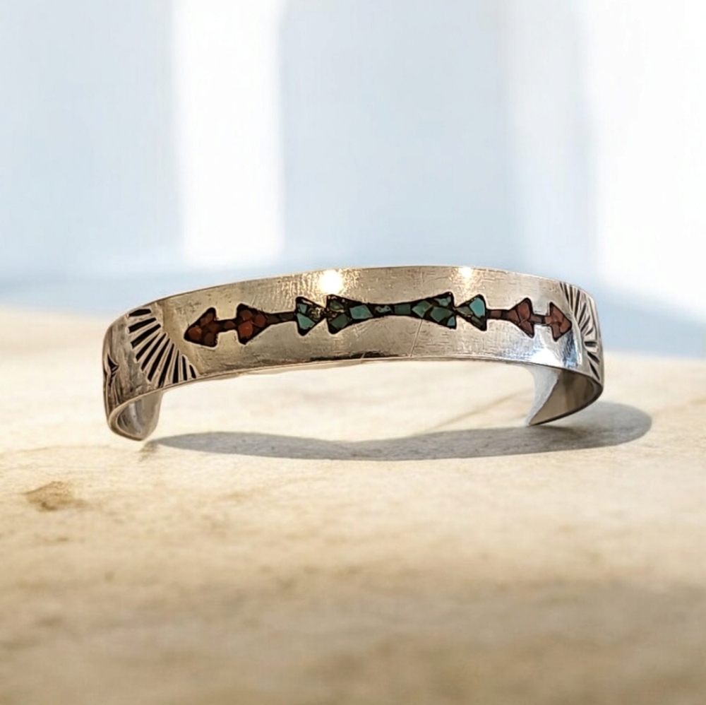 Vintage Native American Navajo Silver Turquoise & Coral Cuff